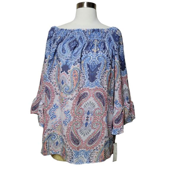 Zac & Rachel Tops - Zac & Rachel Women's Blue Paisley Blouse Top 3/4 Bell Sleeve Off Shoulder Medium